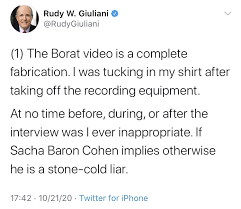 I was tucking in my shirt after taking off the recording equipment. Rudy Giuliani S Role In Borat 2 Is Twitter S Scandal Of The Day Memebase Funny Memes