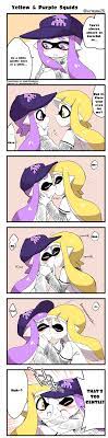 In optics, purple and violet refer to colors that look similar, but purples are mixtures of red light and blue or violet light, whereas violets are spectral colors (of single wavelengths of light). Yellow And Purple Kiss Splatoon Splatoon Splatoon Comics Cute Comics