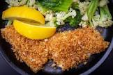 baked fish with crispy herbed shrimp topping
