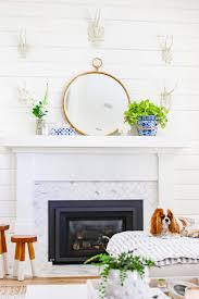 summer mantel decor in blue and white