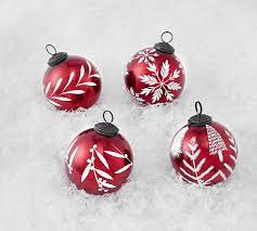 Red Etched Mercury Glass Ball Ornaments
