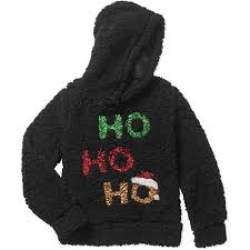 Miss Chievous Girls Sequin Ho Ho Ho Long Sleeve Sherpa Pullover With Hoodie