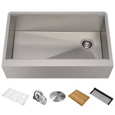 Top 10 stainless steel kitchen sinks review 2021. Kraus Kwf410 33 Stainless Steel Kore 33 Farmhouse Single Basin Stainless Steel Kitchen Sink Basin Rack Strainer Cutting Board And Drainboard Included Faucetdirect Com