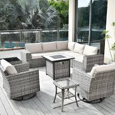 Hooowooo Crater Grey 10 Piece Wicker Outdoor Patio Fire Pit Conversation Sofa Set With Swivel Rocking Chairs And Beige Cushions