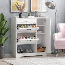 fufu a 47 2 in h x 35 4 in w white wood shoe storage cabinet with foldable compartments drawer and cabinets