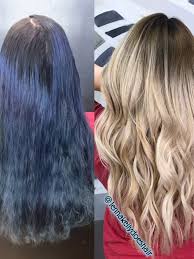 Highlight with golden blondes,copper as you can see, on the wheel that blue and yellow make green. This Woman Went From Dark Blue Hair To Blonde Here S How Allure