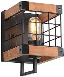 Anmytek Cube Wood Wall Lamp With Iron Mesh Cover Industrial Wall Sconce Vintage Stylish Bathroom Lighting Log Cabin Home Retro Edison Sconce Lighting Fixtures 1 Light Brown W0043 Amazon Com