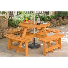 Gardenised Stained 8 Person Round Wooden Outdoor Patio Garden Picnic Table With Bench