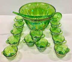 Mid Century Green Cut Glass Punch Bowl