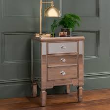 three drawer mirrored bedside table