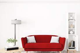 White Wall Mockup And Red Sofa