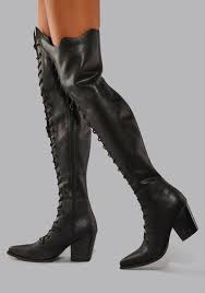 widow pointed lace up thigh high boots