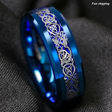 Details About 8mm Blue Tungsten Carbide Ring Celtic Dragon Carbon Fibre Atop Mens Jewelry