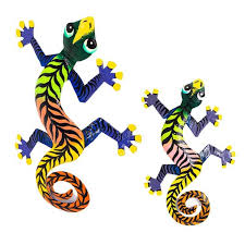 Global Crafts Colorful Gecko Haitian Metal Garden Art Big And Small With Black Stripes Multi