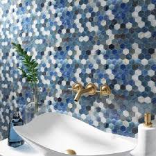 Blue Hexagon Glass Mosaic Floor