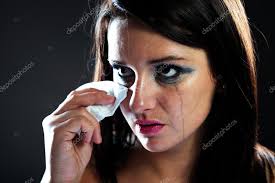 hurt woman crying smeared makeup stock