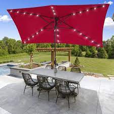Sonkuki Solar Led 10 Ft X 6 5 Ft Aluminum Patio Rectangle Market Umbrella In Red With Push On Tilt