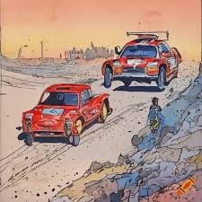 Comic book art of two rally cars racing on a dirt road on Craiyon
