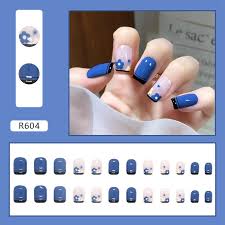 short square fake nails blue small