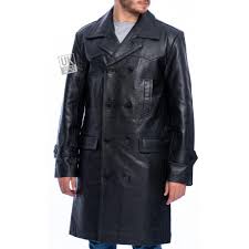 Mens Black Leather Trench Coat Double