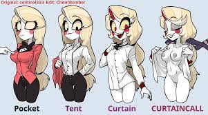 blonde hair breasts casual centinel303 charlie morningstar  (hazbin hotel) cherribomber clothing curtain call challenge edit edited  female hazbin hotel humanoid neckwear nude pale skin redesign suspenders  tuxedo undressing vaggie (