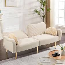 Modern 65 In Beige Velvet Couch 2 Seater Loveseat Sofas Sleeper Sofa With Armrest And 2 Bolster Pillows