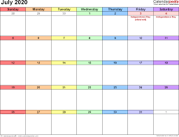 July 2020 Calendars For Word Excel Pdf