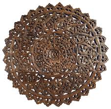 Round Lotus Flower Wood Carved Wall