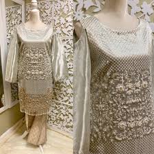 Tinseltown Silver Tissue Kurta With Pearl Embroidery Jamawar Trouser