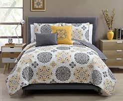 5 Pc Yellow Grey And White Quilt Set