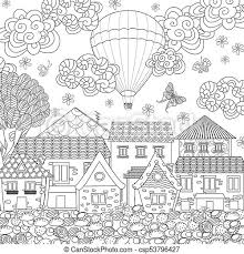 Holland sea of flowers hot air balloon. Cozy Town With Hot Air Balloon In The Sky For Your Coloring Book Canstock
