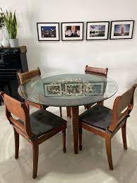 Round Glass Top Wooden Dining Table