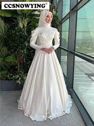 Атласное свадебное платье в мусульманском стиле с аппликацией и длинным  рукавом для невесты, исламский хиджаб, свадебные платья с высоким  воротником, арабское платье для невесты | AliExpress
