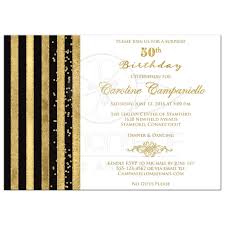 50th Birthday Invitation Black White Gold Stripes Faux Glitter Simulated Gold Foil Scroll