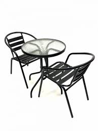 Round Glass Table 2 Black Steel Chairs