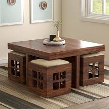 Edinburgh Solid Wood Coffee Table with 4 Cubical Stools - Natural Finish - Decornation