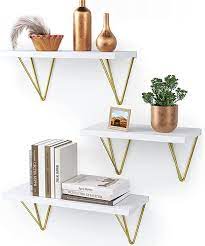 White 3pc Floating Shelves With Gold