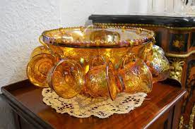 Carnival Glass Punch Bowl With Twelve