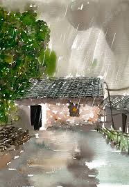 cabin in the rain photo ink painting