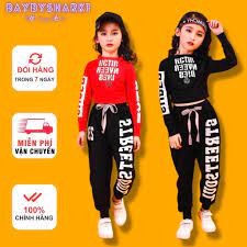 Đồ Thu Đông Cho Bé Gái, Đồ Bộ Bé Gái Cá Tính, Phong Cách Hip Hop Từ Size  Nhí Đến Size Đại BAYBYSHARK1_Croptop Đen Đỏ - Bộ quần áo