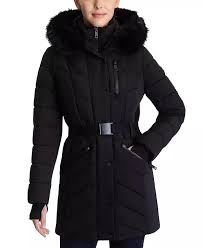 Belted Faux Fur Trim Hooded Puffer Coat