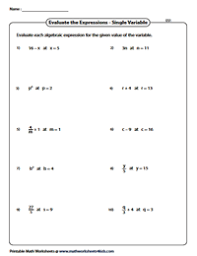 Select one or more questions using the checkboxes above each question. Evaluating Algebraic Expression Worksheets