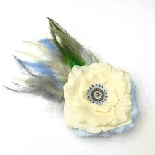 Pale Yellow Rose Light Blue Feather Flower Fascinator Hair Clip Accessory