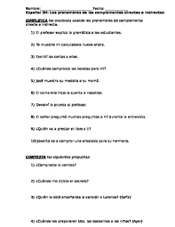 Indirect Object Pronouns Quiz Worksheets Teaching