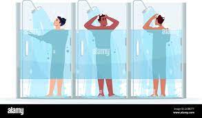 Public male shower semi flat RGB color vector illustration. Man clean with  shampoo. Guy in cabin wash with soap. Hygiene and body care. Diverse men is  Stock Vector Image & Art -