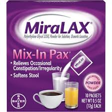 Miralax is clinically proven to relieve occasional constipation and soften stool without causing harsh side effects such as sudden urgency, cramping, bloating, and gas. Miralax Laxative Original Prescription Strength Powder Neatpax Travel Size 10 0 5 Oz 17 G Packets Rite Aid