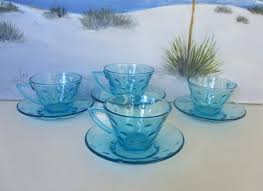 Vintage Blue Glass 5 Oz Tea Cups And