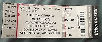 Metallica Ticket Stub Boise Taco Bell Arena November 28 2018