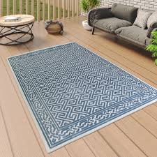 outdoor rug teal blue cream greek key