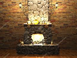 Stone Fireplace On Brick Wall Stock